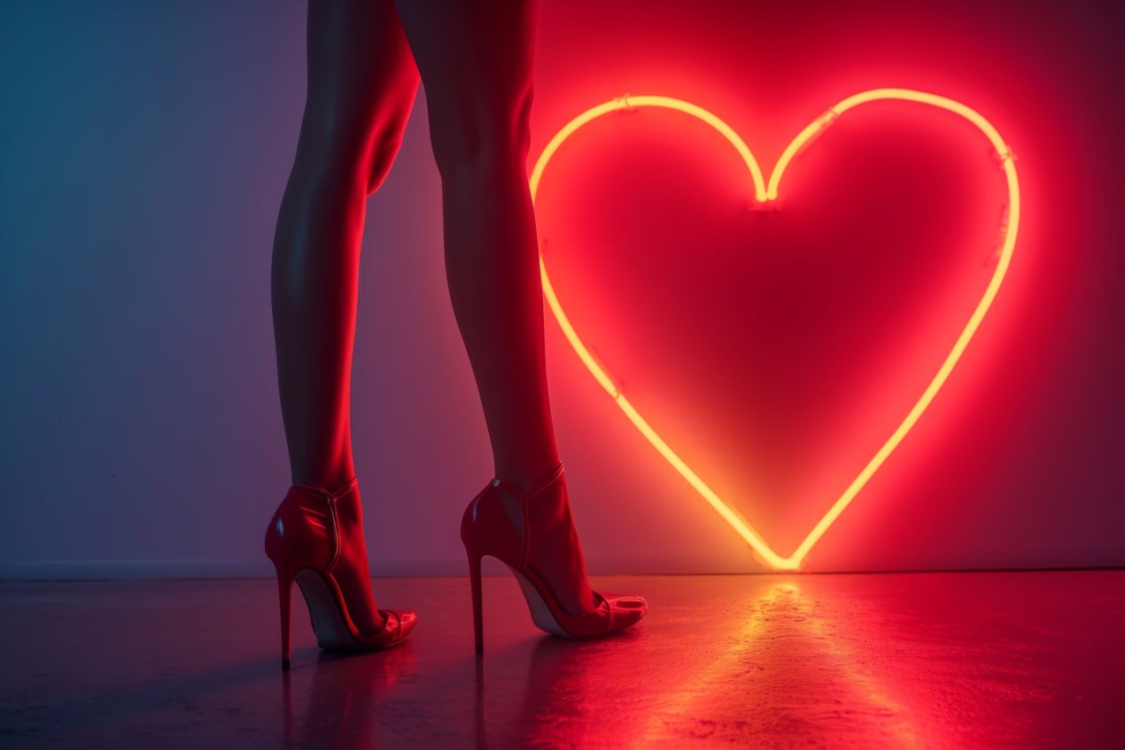 Frau in roten High Heels vor rotem Neon-Herzlicht – Symbolbild fuer Escort Werden